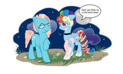 Size: 900x540 | Tagged: safe, artist:ellisarts, bow tie (g1), rainbow dash, g1, g4, alternate hairstyle, blushing, clothes, flower, g1 to g4, generation leap, glasses, mother and daughter, rainbow dash always dresses in style