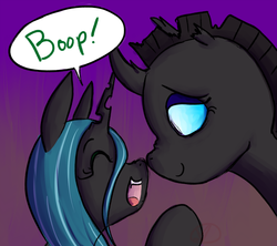 Size: 1000x888 | Tagged: safe, artist:ryuredwings, queen chrysalis, oc, changeling, changeling queen, nymph, g4, boop, changeling oc, cute, cutealis, duo, duo female, eyes closed, female, filly queen chrysalis, gradient background, nose wrinkle, noseboop, ocbetes, open mouth, simple background, smiling