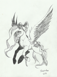 Size: 632x846 | Tagged: safe, artist:derp-my-life, oc, oc only, pegasus, pony, bow, female, flying, freckles, leg wrappings, smiling, solo, tail bow, traditional art