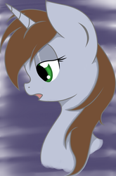 Size: 1024x1552 | Tagged: safe, artist:candy-muffin, oc, oc only, oc:littlepip, pony, unicorn, fallout equestria, abstract background, fanfic, fanfic art, female, horn, mare, open mouth, portrait, profile, solo