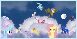 Size: 956x490 | Tagged: safe, blossomforth, cloud kicker, cloudchaser, derpy hooves, flitter, fluttershy, gilda, princess luna, rainbow dash, scootaloo, spitfire, griffon, pegasus, pony, g4, blushing, clothes, cloud, cloudy, costume, embarrassed, female, mare, mare in the moon, moon, night, shadowbolts, shadowbolts costume, sky