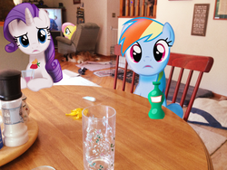 Size: 1024x768 | Tagged: safe, artist:nikorurene, fluttershy, rainbow dash, rarity, g4, drink, interior, irl, looking at you, photo, ponies in real life, table, television