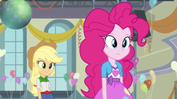 Size: 1920x1080 | Tagged: safe, screencap, applejack, pinkie pie, equestria girls, g4, my little pony equestria girls, applejack's hat, balloon, clothes, cowboy hat, cutie mark on clothes, disco ball, hat