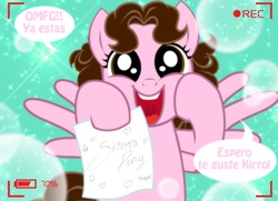 Size: 1236x894 | Tagged: safe, artist:shinta-girl, oc, oc only, oc:shinta pony, open mouth, solo, spanish, translated in the description, uvula