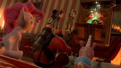 Size: 1366x768 | Tagged: safe, artist:fezwearingdoctor, pinkie pie, g4, 3d, balloonicorn, bombinomicon, book, book reading a book, fireplace, gmod, meem, pyro (tf2), team fortress 2