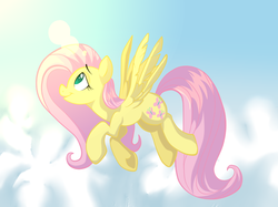 Size: 1015x759 | Tagged: safe, artist:bast13, fluttershy, g4, cloud, cloudy, female, flying, lens flare, solo