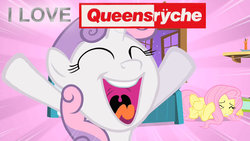 Size: 900x506 | Tagged: safe, artist:renardfox, fluttershy, sweetie belle, g4, band, eyes closed, logo, open mouth, queensrÿche, screaming, sunburst background, tongue out, uvula