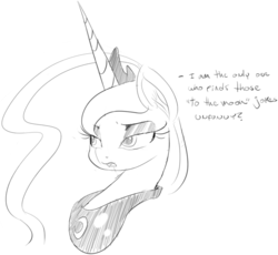 Size: 911x838 | Tagged: safe, artist:zev, princess luna, alicorn, pony, g4, crown, dialogue, female, grayscale, jewelry, lidded eyes, mare, monochrome, open mouth, peytral, regalia, simple background, solo, unamused, white background