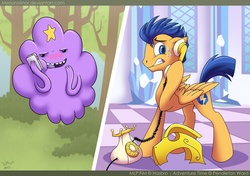 Size: 850x599 | Tagged: safe, artist:merionic, flash sentry, g4, adventure time, crossover, lumpy space princess, male, phone