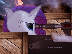 Size: 1024x768 | Tagged: safe, artist:colorfulbrony, rarity, pony, unicorn, g4, female, gun, horn, mare, optical sight, reference, rifle, sniper, sniper rifle, solo, text, weapon