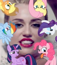 Size: 340x385 | Tagged: safe, applejack, fluttershy, pinkie pie, rainbow dash, rarity, twilight sparkle, alicorn, pony, g4, female, mane six, mare, miley cyrus, op is trying to start shit, twilight sparkle (alicorn)