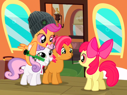 Size: 1001x752 | Tagged: dead source, safe, edit, edited screencap, screencap, apple bloom, babs seed, scootaloo, sweetie belle, earth pony, pegasus, pony, unicorn, g4, one bad apple, beanie, blunt, bong, butt, drug use, drugs, hat, plot, reddened eyes, suitcase, train, train station, window
