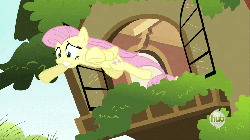 Size: 960x540 | Tagged: safe, edit, edited screencap, screencap, fluttershy, dragon quest, g4, animated, female, gritted teeth, hub logo, infinity, jumping, loop, multeity, scared, so much flutter, solo, wide eyes