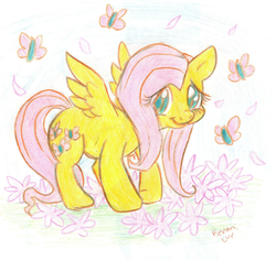 Size: 900x849 | Tagged: safe, artist:banami-luv, fluttershy, butterfly, g4, female, flower, looking at you, pencil drawing, solo, traditional art