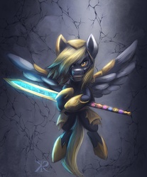 Size: 1606x1941 | Tagged: safe, artist:grissaecrim, derpy hooves, pegasus, pony, g4, epic, epic derpy, female, mare, solo, sword