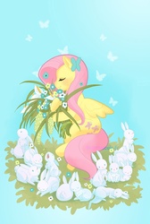 Size: 900x1341 | Tagged: safe, artist:bisc-chan, fluttershy, rabbit, g4, female, flower, solo