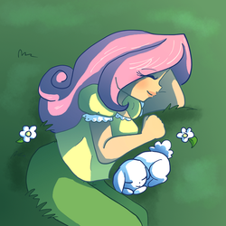 Size: 600x600 | Tagged: safe, artist:butterscotch25, angel bunny, fluttershy, human, g4, humanized, light skin, sleeping