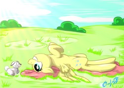 Size: 1754x1240 | Tagged: safe, artist:s4vin, fluttershy, rabbit, g4, animal, eye contact, female, grass, on back, solo