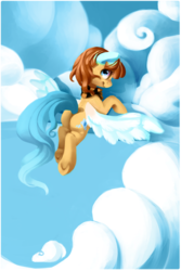 Size: 1024x1536 | Tagged: safe, artist:locksto, oc, oc only, pegasus, pony, clothes, cloud, cloudy, female, flying, mare, scarf, solo, underhoof