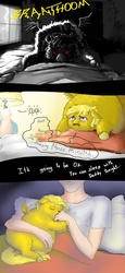 Size: 900x1950 | Tagged: source needed, safe, artist:shadysmarty, fluffy pony, human, bed, crying, hugbox, night, snuggling, thunder