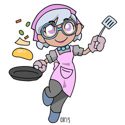 Size: 894x894 | Tagged: safe, artist:moronsonofboron, silver spoon, satyr, g4, apron, clothes, cooking mama, female, frying pan, glasses, satyrized, solo, spatula, style emulation