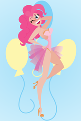 Size: 1000x1500 | Tagged: safe, artist:missmaquarie, pinkie pie, human, g4, clothes, corset, female, high heels, humanized, light skin, pinup, solo