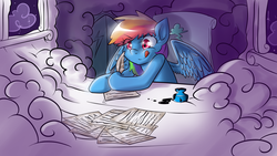 Size: 1920x1080 | Tagged: safe, artist:publiclibraryx, rainbow dash, g4, cloud, cloudy, female, ink, night, quill, rainbow dash's house, solo, writing