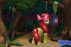 Size: 1600x1056 | Tagged: safe, artist:zevironmoniroth, apple bloom, earth pony, pony, g4, bloom butt, butt, everfree forest, female, forest, plot, poison joke, scenery, solo, tree