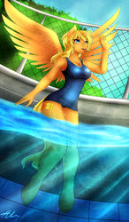 Size: 1024x1759 | Tagged: safe, artist:astatos-luna, oc, oc only, oc:ticket, alicorn, anthro, alicorn oc, anthro oc, clothes, one-piece swimsuit, school swimsuit, solo, swimming pool, swimsuit, titcket