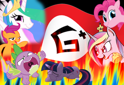 Size: 1376x940 | Tagged: safe, pinkie pie, princess cadance, princess celestia, scootaloo, spike, twilight sparkle, g4, chickun, exploitable meme, google, google plus drama, google+, meme, twiface, wrong neighborhood, youtube