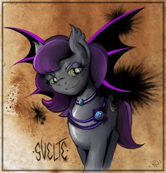 Size: 874x913 | Tagged: safe, artist:kitsunerisuart, oc, oc only, oc:svelte, bat pony, pony, bedroom eyes, dark, eyeshadow, looking at you, necklace, smiling, smirk, solo, spread wings