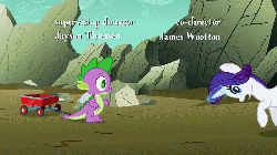 Size: 800x450 | Tagged: safe, screencap, rarity, spike, a dog and pony show, g4, animated, duo, glowing horn, horn, hurr durr, magic, opening credits, red wagon, trotting, wagon