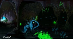 Size: 4629x2514 | Tagged: safe, artist:marikyt, queen chrysalis, changeling, changeling queen, g4, canterlot, cave, eyes in the dark, glowing mushroom, magic, mushroom