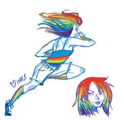 Size: 500x486 | Tagged: safe, artist:marquisespinneretmindfang, rainbow dash, human, g4, action pose, clothes, female, humanized, rainbow socks, shorts, socks, solo, striped socks, tank top