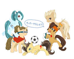 Size: 1280x1024 | Tagged: safe, artist:pikaka, bird, earth pony, pegasus, penguin, pony, unicorn, bandana, cape, clothes, cutie mark, endou mamoru, fire, football, fudou akio, gloves, goggles, gouenji shuuya, hurricane, inazuma eleven, japanese, kazemaru ichirouta, kidou yuuto, lightning, ponified