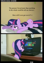 Size: 1696x2400 | Tagged: safe, artist:paris7500, twilight sparkle, g4, bed, chair, comic, computer, desk, irl, lamp, laptop computer, photo, ponies in real life, rom, super mario 64, vector