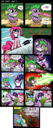 Size: 2481x5950 | Tagged: safe, artist:gray--day, pinkie pie, princess celestia, rainbow dash, spike, twilight sparkle, alicorn, dragon, earth pony, pegasus, pony, comic:hot stuff, g4, 2013, chilli, clothes, comic, female, fire, fire breath, food, liquid rainbow, mare, teleportation, teleportation mishap, trenchcoat, twilight sparkle (alicorn)