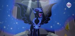 Size: 1274x612 | Tagged: safe, screencap, nightmare moon, g4, season 4, confirmed legit, female, hub logo, solo