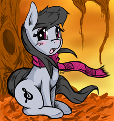 Size: 658x701 | Tagged: safe, artist:silver1kunai, earth pony, pony, blushing, clothes, scarf, sitting, solo