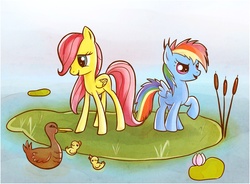Size: 1437x1055 | Tagged: safe, artist:capreola, fluttershy, rainbow dash, duck, g4, filly, younger