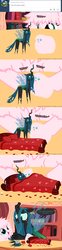 Size: 650x2625 | Tagged: safe, artist:mixermike622, queen chrysalis, oc, oc:fluffle puff, tumblr:ask fluffle puff, g4, bed, pointy ponies, sex education, shipping, toy, tumblr