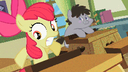 Size: 1024x576 | Tagged: safe, screencap, apple bloom, truffle shuffle, family appreciation day, g4, animated, book, classroom, curtains, desk, eyebrows, female, nope, window