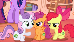 Size: 1280x720 | Tagged: safe, edit, edited screencap, screencap, apple bloom, scootaloo, sweetie belle, twilight sparkle, g4, the show stoppers, cutie mark crusaders, glare, golden oaks library, grin, pun, qt, qt mark, qt mark crusaders, sitting, smiling, smirk, visual pun