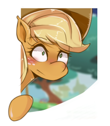 Size: 500x573 | Tagged: safe, artist:hua, applejack, g4, blushing, female, fourth wall, frame, out of frame, solo