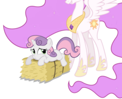 Size: 1225x1000 | Tagged: safe, artist:9x18, princess celestia, sweetie belle, alicorn, pony, unicorn, princess molestia, g4, duo, duo female, female, filly, foal, hay bale, imminent rape, implied foalcon, mare, show accurate, simple background, transparent background, vector