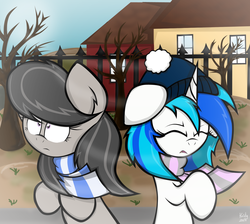 Size: 1341x1202 | Tagged: safe, artist:kristysk, dj pon-3, octavia melody, vinyl scratch, g4, clothes, hat, scarf, wind