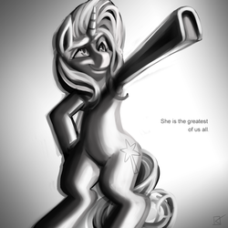 Size: 1400x1400 | Tagged: safe, artist:fauxsquared, trixie, pony, g4, bipedal, female, grayscale, solo