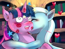 Size: 2000x1500 | Tagged: dead source, safe, artist:bakki, trixie, twilight sparkle, pony, unicorn, g4, blushing, duo, eyes closed, female, heart, kiss mark, kisses, kissing, lesbian, lipstick, mare, open mouth, ship:twixie, shipping, sweat