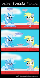 Size: 1450x2800 | Tagged: safe, artist:evil-dec0y, derpy hooves, trixie, pegasus, pony, unicorn, g4, comic, cute, derp, duo, duo female, female, frown, glare, knock knock joke, leaning, mare, open mouth, smiling, unamused