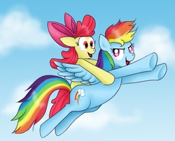 Size: 989x800 | Tagged: safe, artist:susiebeeca, apple bloom, rainbow dash, g4, riding